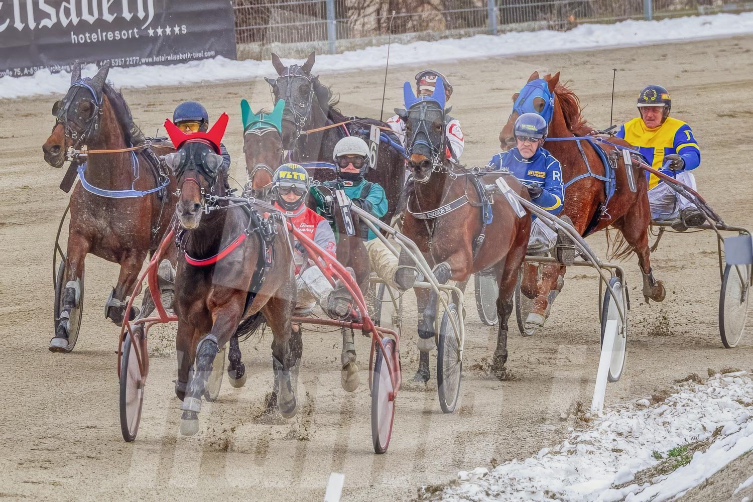 Pferderennen auf einer Rennbahn bei winterlichen Bedingungen, mehrere Pferde mit Trabrennfahrern im Wettkampf.