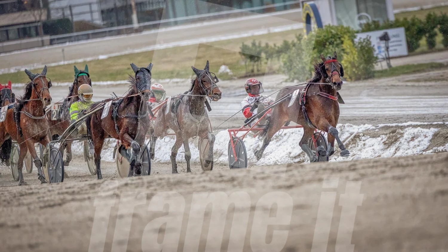 Pferderennen auf einer Rennbahn mit mehreren Pferden und Trabrennfahrern in Aktion.