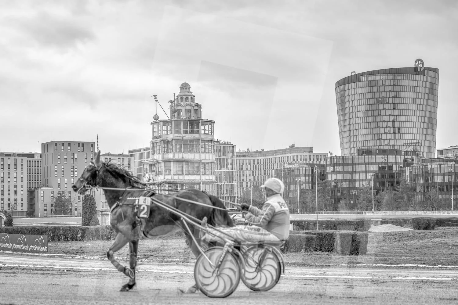 Schwarz-weiß-Foto eines Pferderennens im Trab, mit einem Pferd und einem Trabrennfahrer, im Trabrennpark Krieau, Wien, im Hintergrund moderne Gebäude und Wolken am Himmel.


