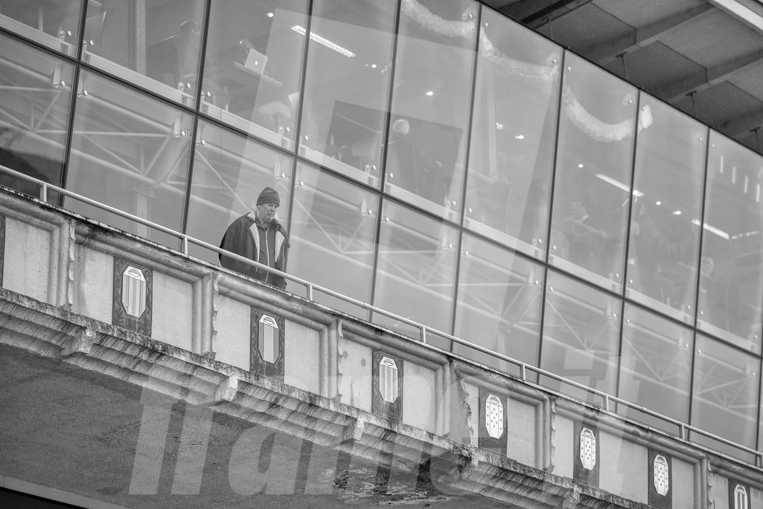 Ein Mann steht auf der Tribüne der Trabrennbahn Wien Krieau.