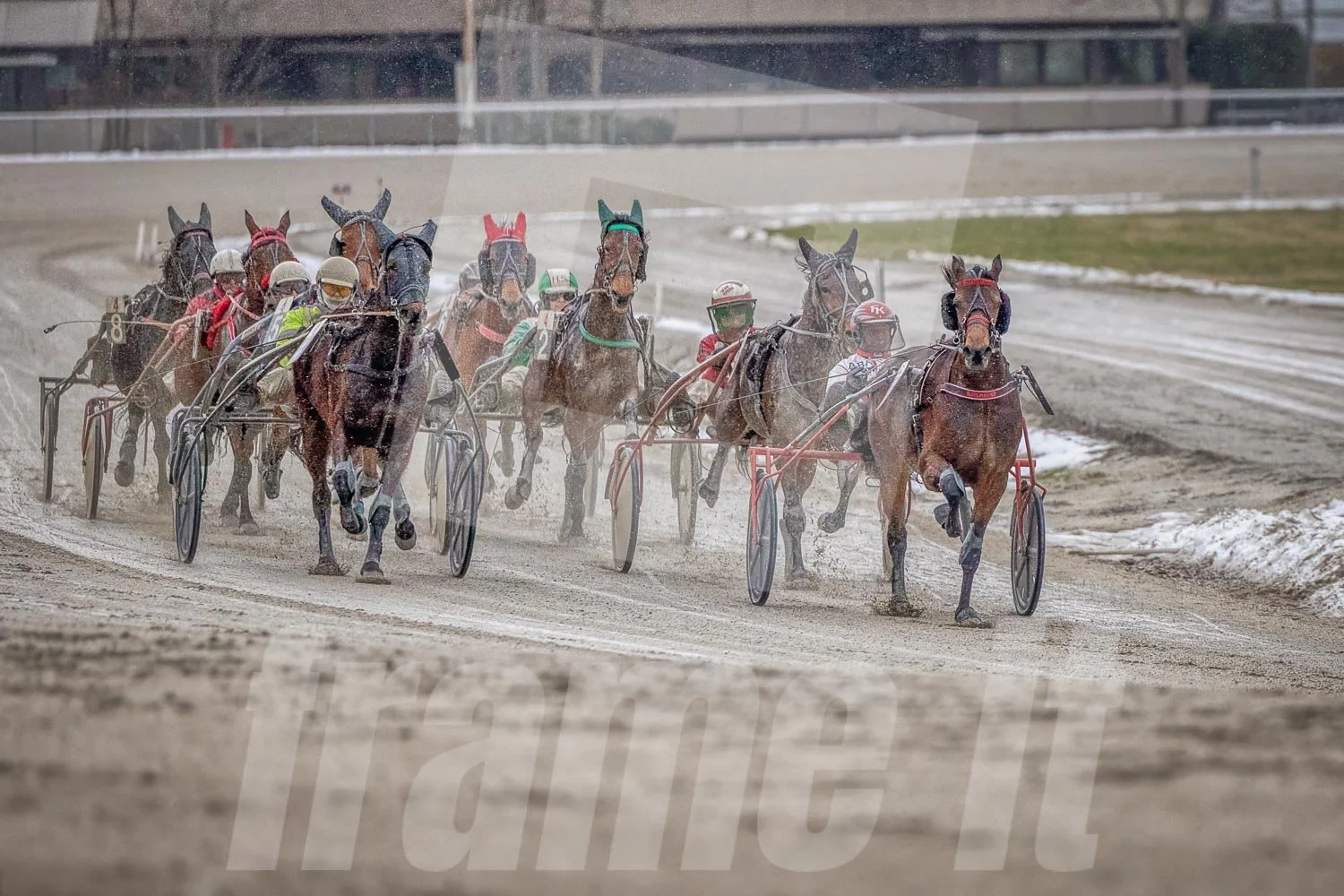 Pferderennen mit mehreren Trabrennpferden im Trabrennpark Krieau, Staub auf der Strecke.