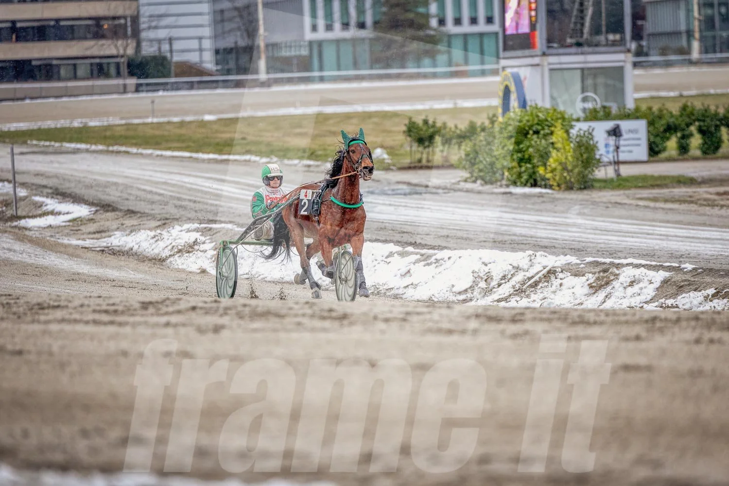 Trabrennpferd mit Trabrennfahrer auf der Pferderennbahn Wien Krieau bei winterlichen Bedingungen, im Hintergrund moderne Gebäude und Bäume