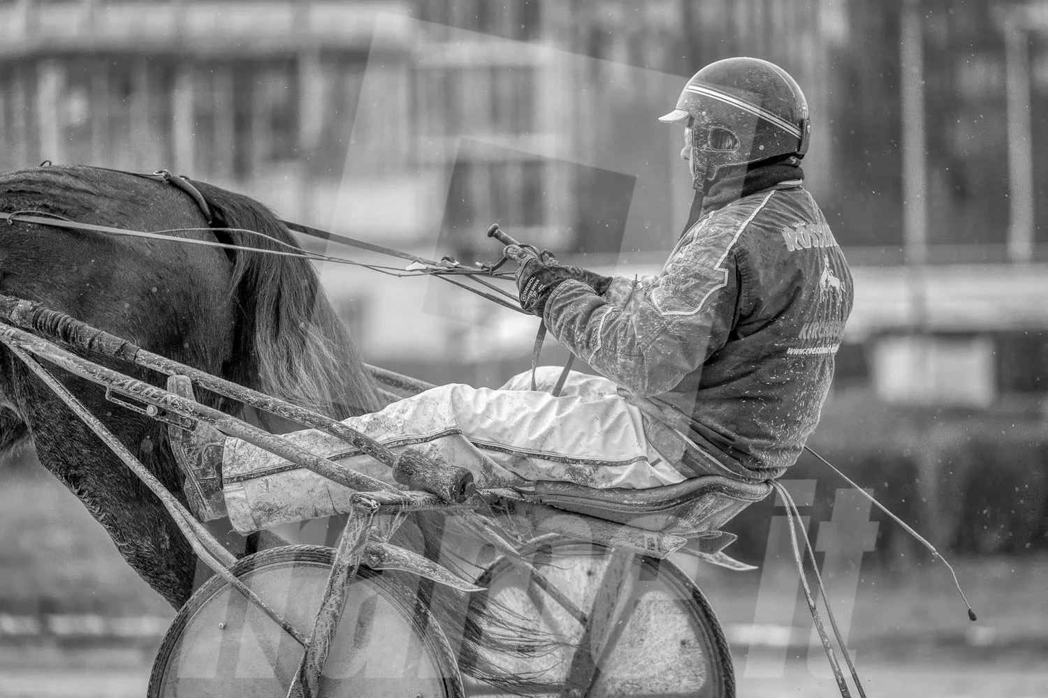 Ein Trabrennfahrer, in schwarz-weiß.