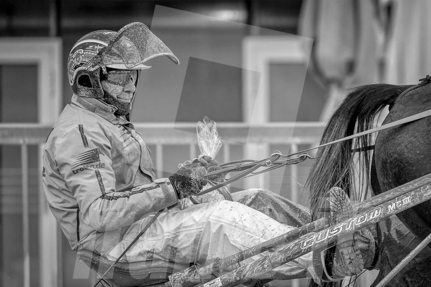 Trabrennfahrer in der Wiener Krieau an einem Renntag.