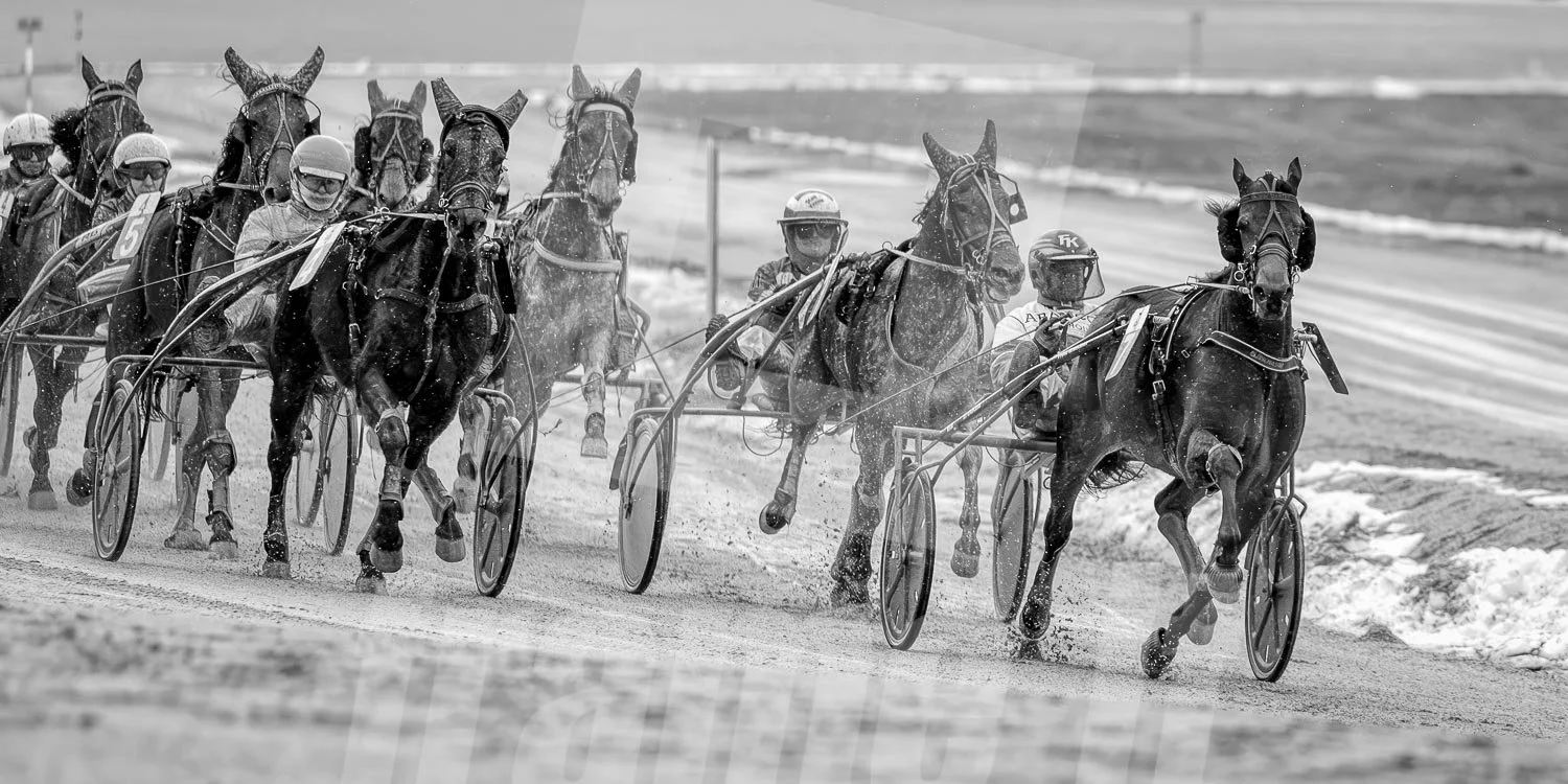 Pferderennen am Strand in Schwarz-Weiß, mit mehreren Pferden und Fahrern auf dem Sand laufend.