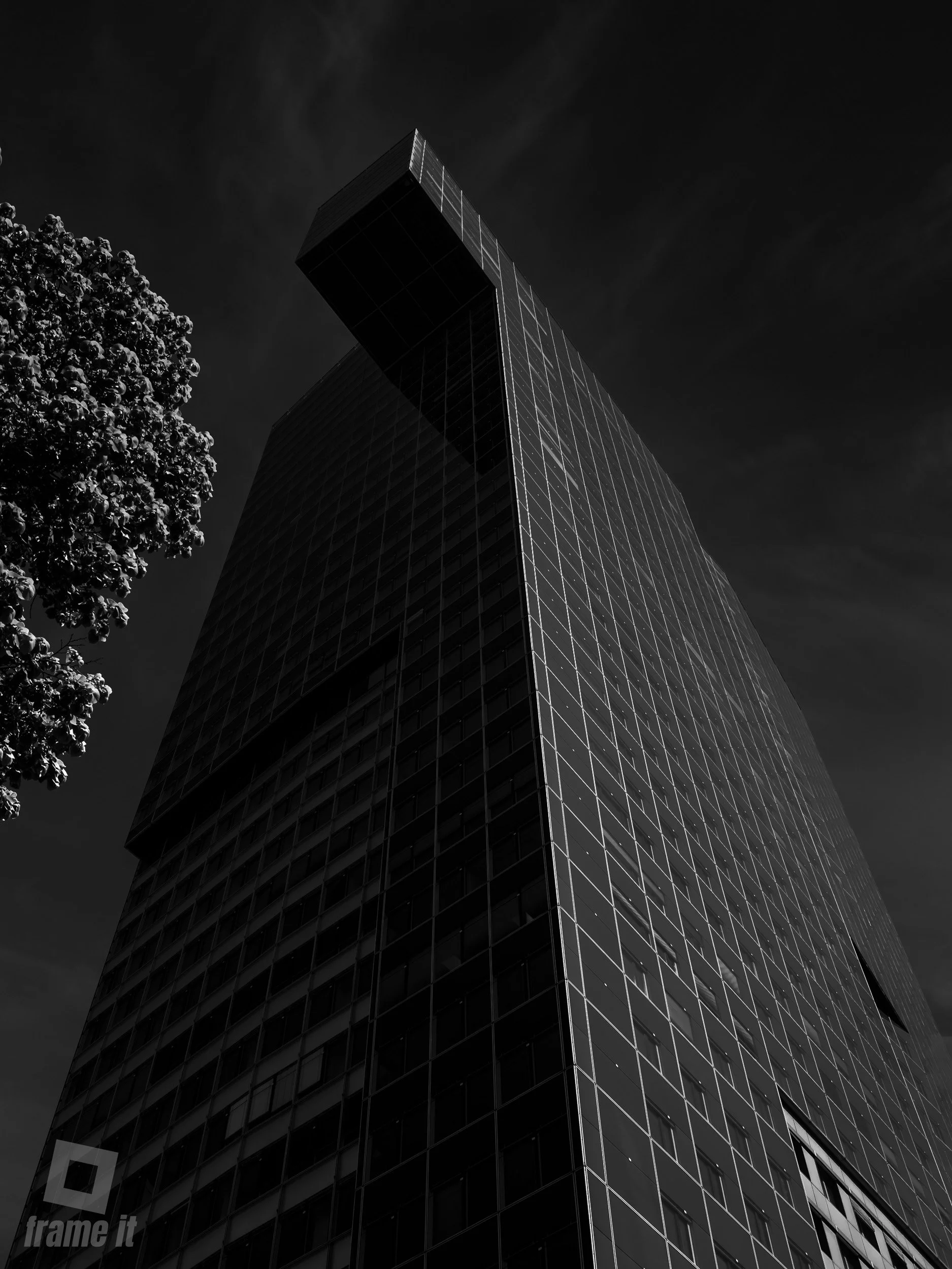 IZD Tower - Hochhaus in Wien mit modernen Glasfassaden, Blick von unten nach oben, dunkler Himmel im Hintergrund, Baum auf der linken Seite.