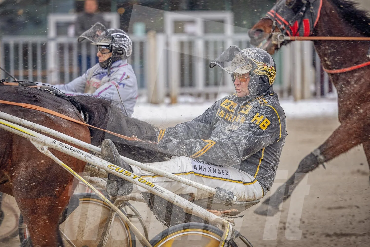 Trabrennfahrer fährt mit seinem Trabrennpferd in einer Wettkampfszene, Startphase.