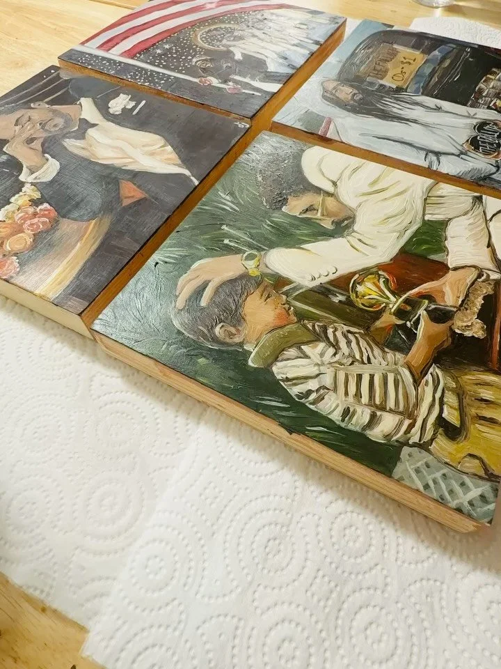 Varnish day for paintings 1-10 of @thepaintedcurrent .

Oil paintings take time to &ldquo;dry&rdquo; (it&rsquo;s more of a chemical oxidation), but once dry, varnish is always fun&hellip; the richness of the original colors painted return. 

This col