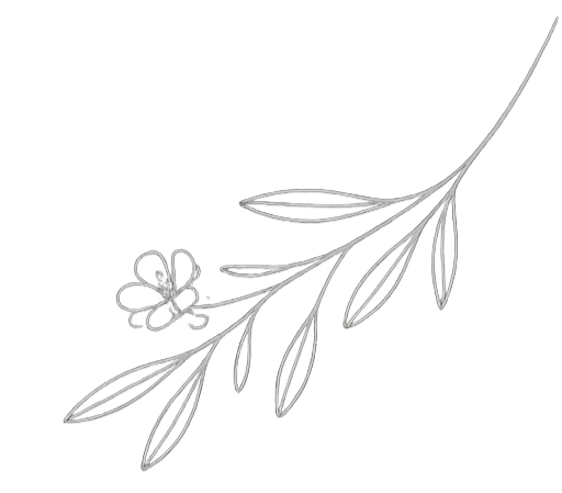A simple line drawing of a small flower attached to a leafy branch.