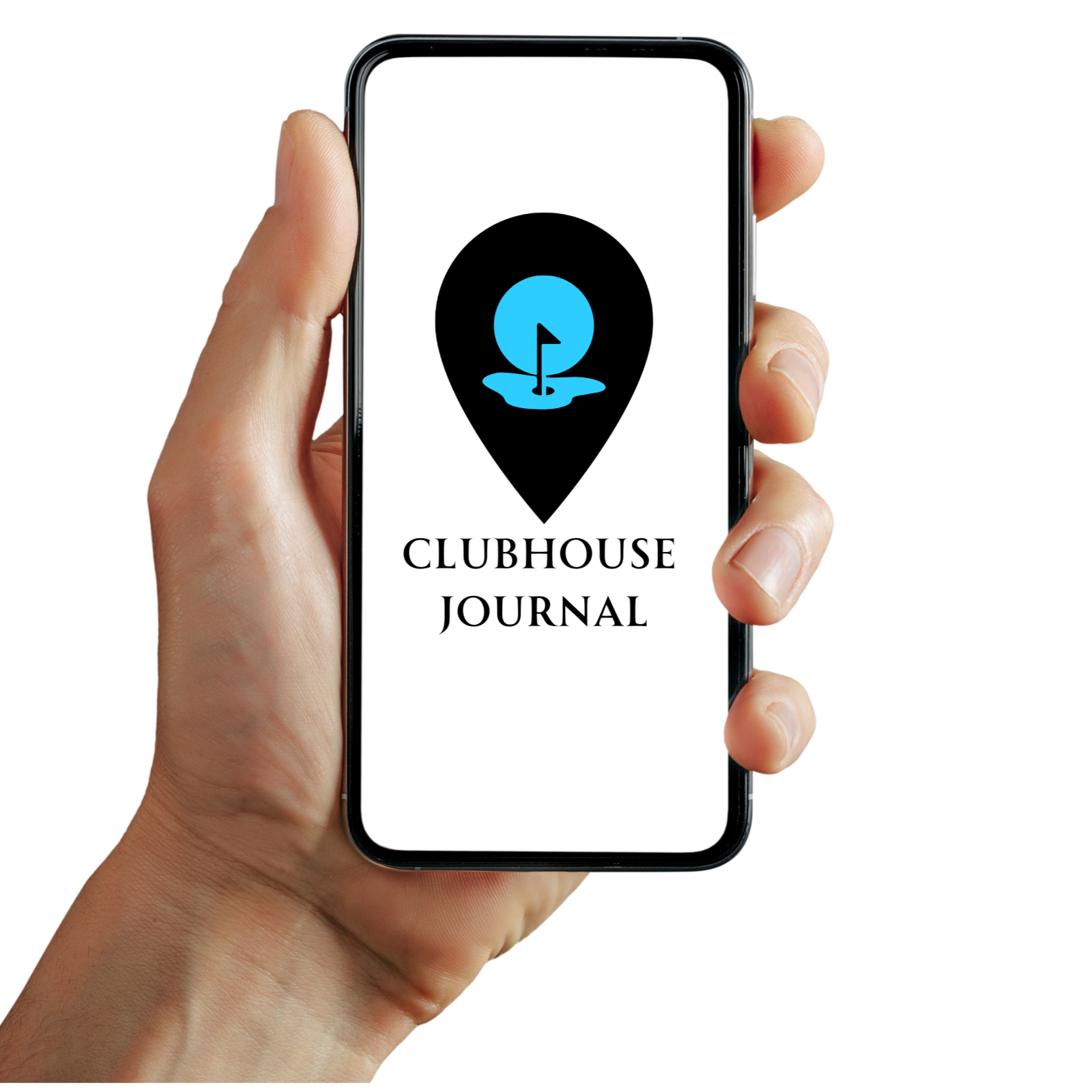 Man holding phone with Clubhouse Journal app splash page