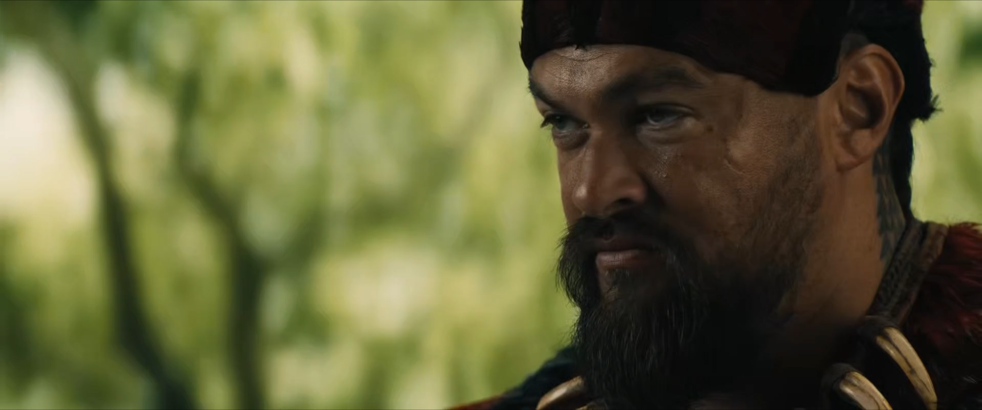 Close-up of a man with a dark beard, mustache, and messy hair, wearing a headband and traditional clothing, with green foliage blurred in the background.