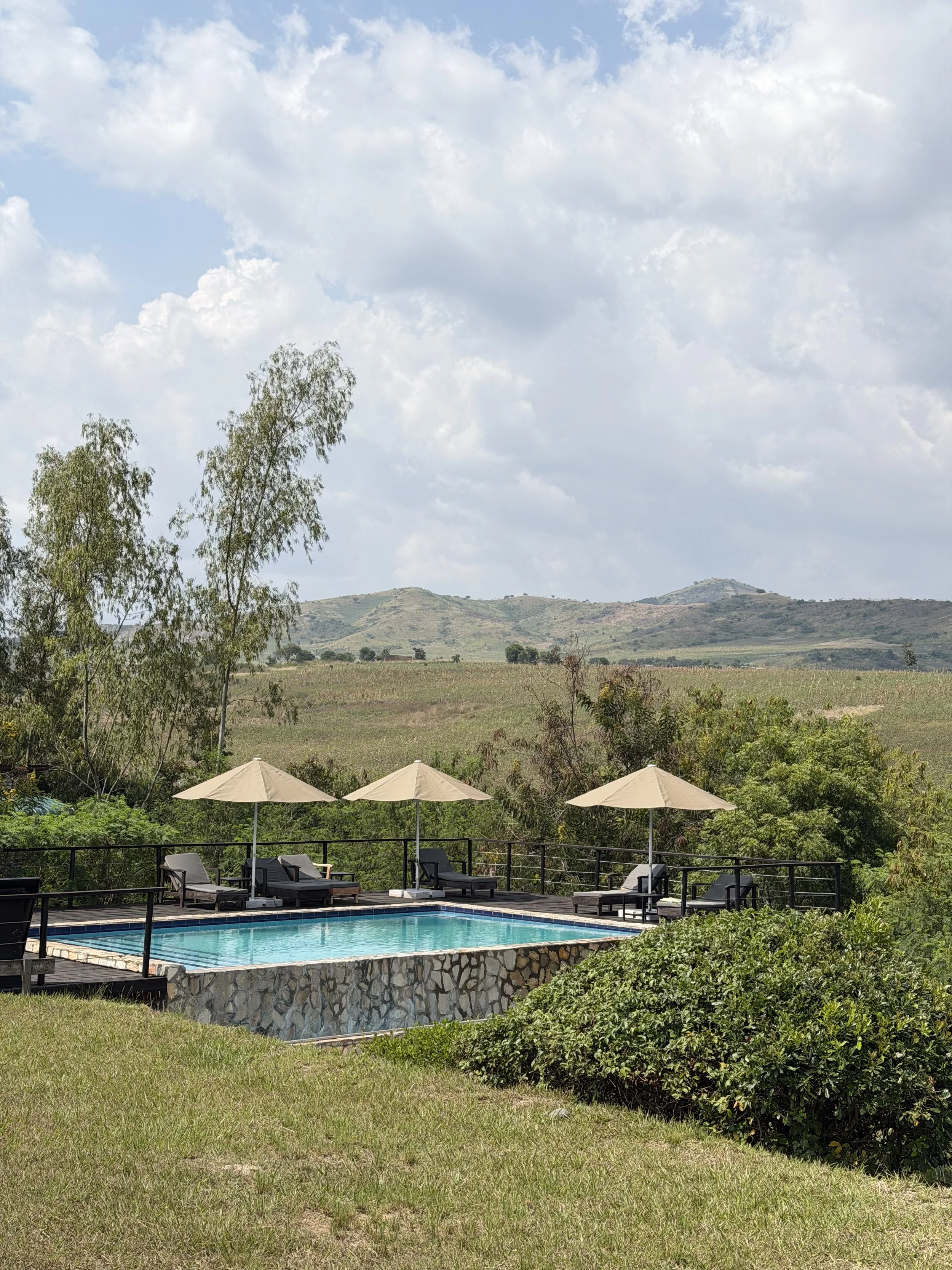 A swimming pool with lounge chairs and umbrellas, surrounded by green grass and bushes, with hills and a partly cloudy sky in the background.
