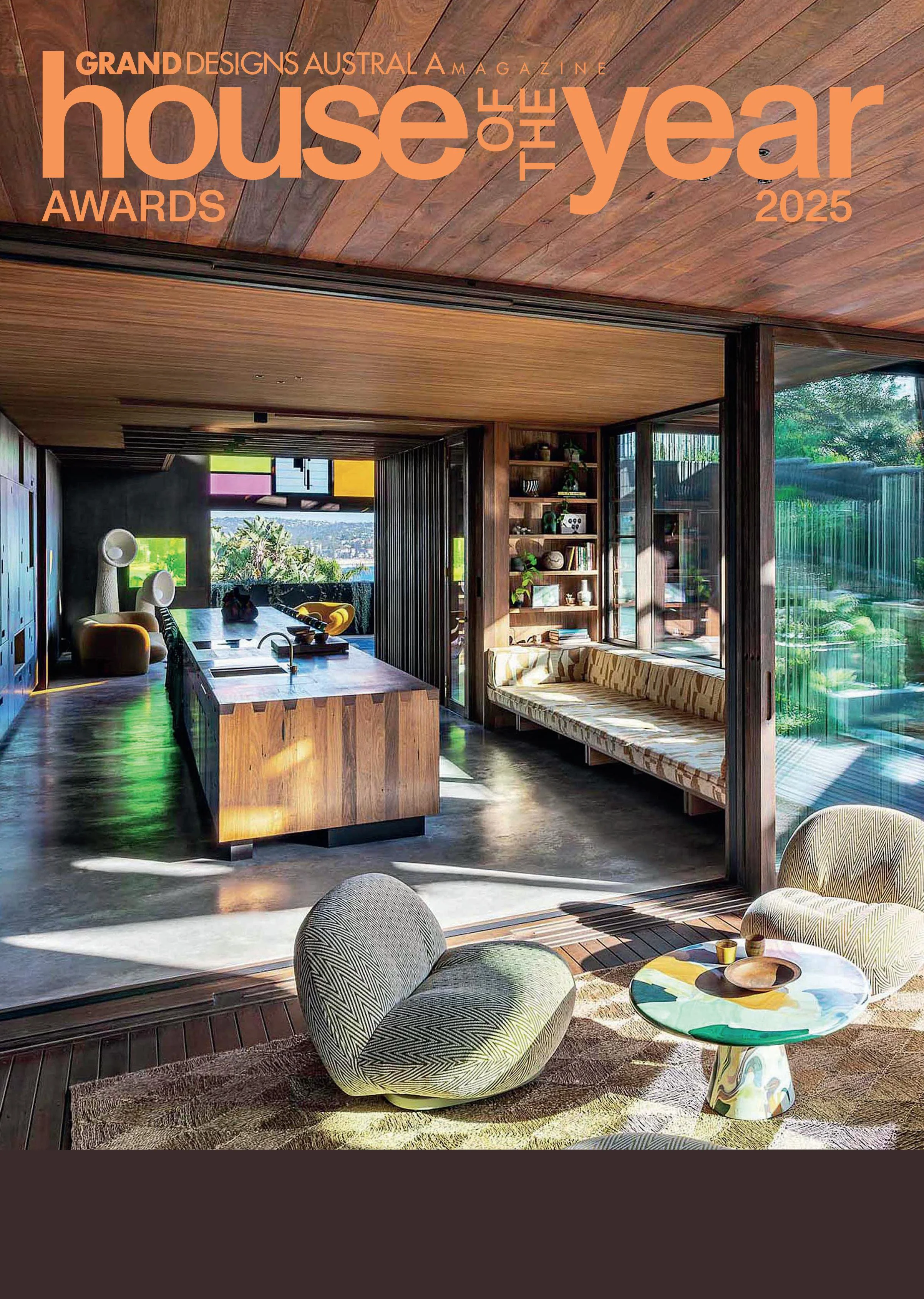 Cover of Grand Design House of the Year Magazine publication portraying a kitchen and seating area