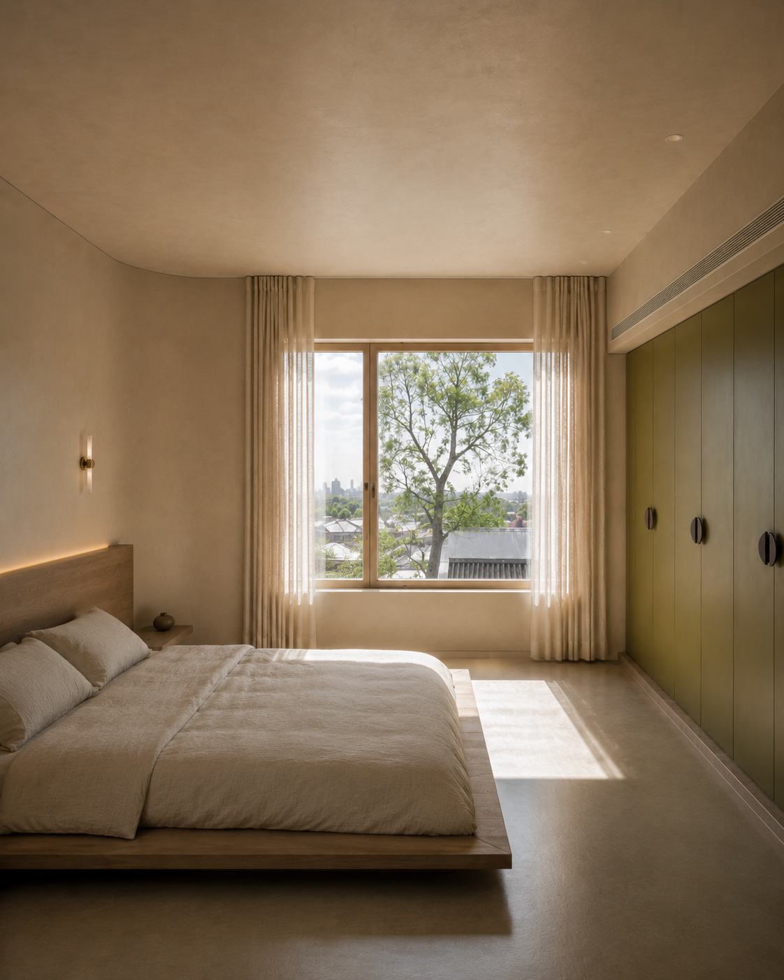Surry Hills terrace renovation bedroom with soft daylight, built-in storage and framed garden view.