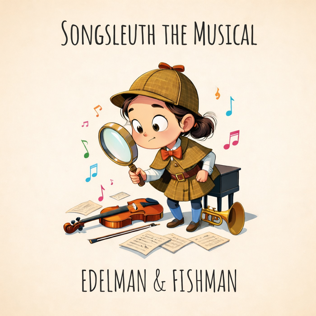 Cover art for Songsleuth the Musical by Neil Fishman and Harvey Edelman, featuring a young musical detective with a magnifying glass and musical instruments.