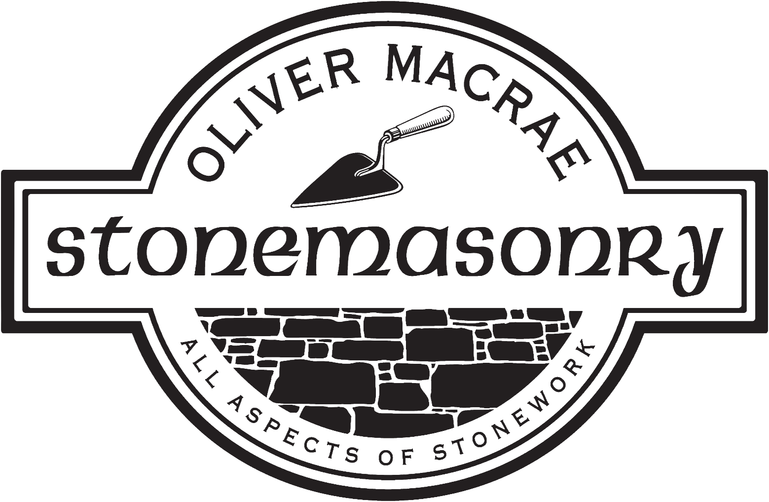 A logo for Oliver McRae Stone Masonry featuring a trowel, a stone wall, and text that reads 'Oliver McRae' and 'Stone Masonry' with the slogan 'All Aspects of Stonework'.