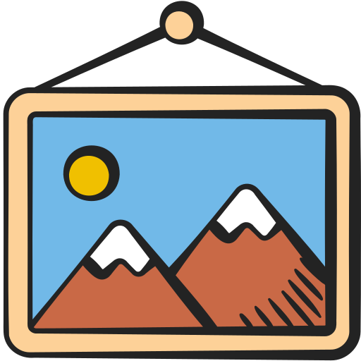 A framed landscape picture of mountains with white snow caps, a yellow sun in the sky, and a blue background.