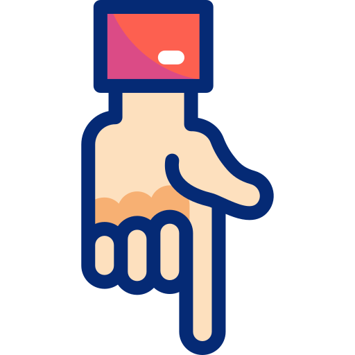 A graphic icon of a hand pointing downward with a finger extended, with a red and purple clicking button above the hand's wrist.