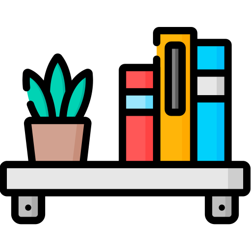 A bookshelf with a potted plant and four books on a shelf.