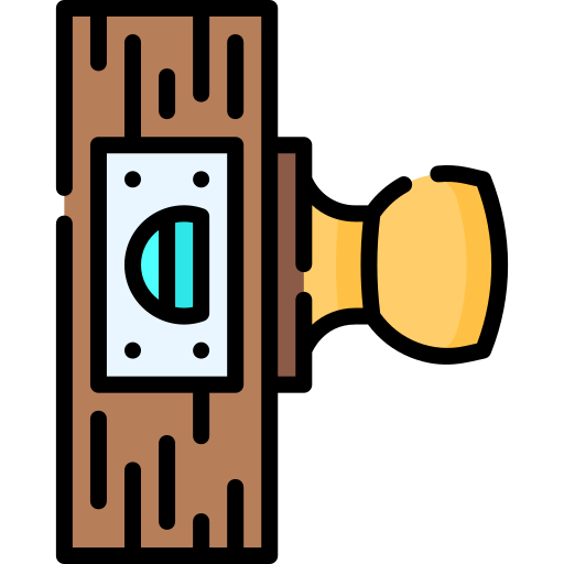 An illustration of a doorbell mounted on a wooden door with a round yellow doorknob.
