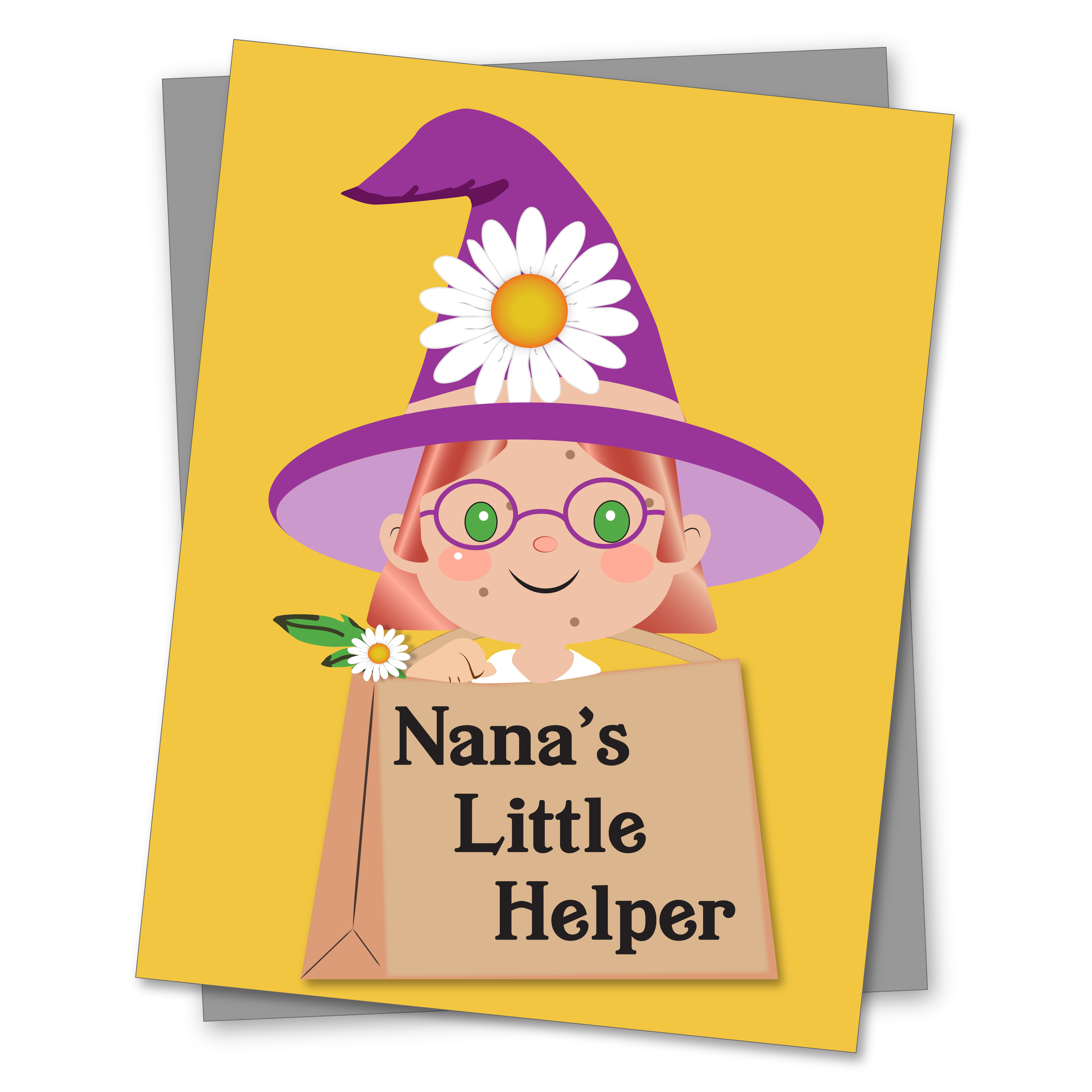 a girl in a shopping bag that says Nana's Little Helper