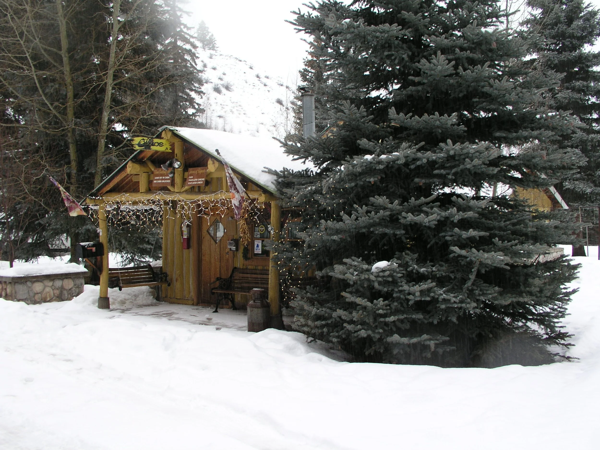 A small wooden shelter decorated with string lights and seasonal flags, situated beside a large snow-covered pine tree in a snowy landscape.