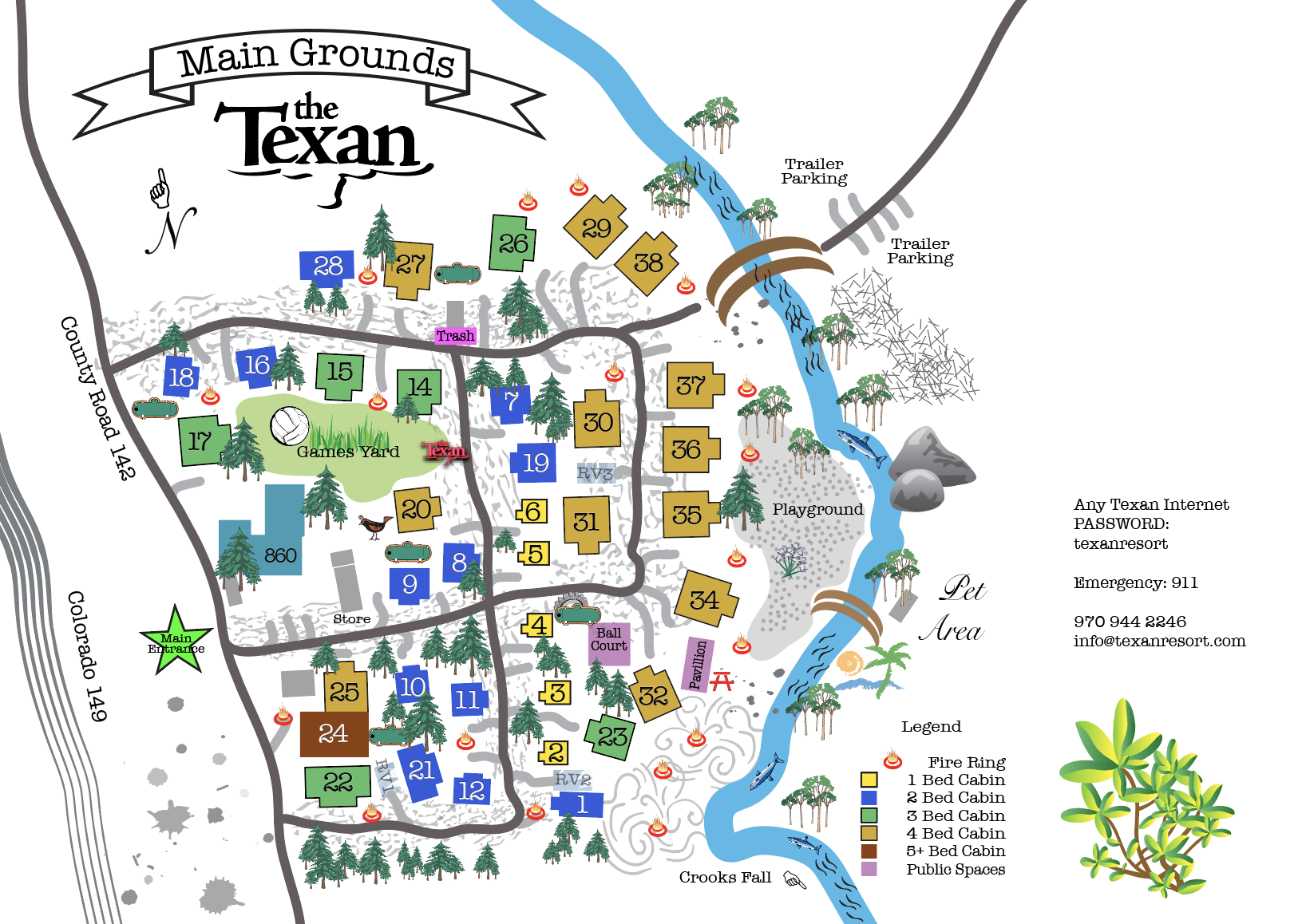 Map of Texan Resort highlighting main grounds, cabins, pet area, playground, parking, and key features, with color-coded legends for cabin sizes and icons for amenities.