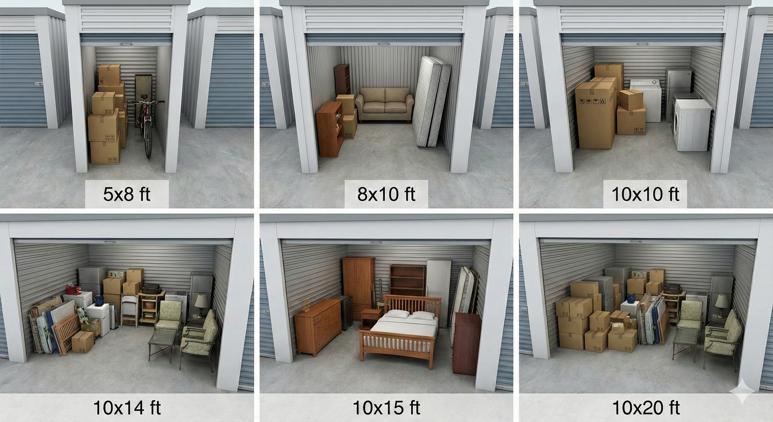 Six storage units with varying sizes and contents. The first unit (5x8 ft) contains boxes and a bicycle. The second (8x10 ft) has furniture including a sofa, wear house, and mattress. The third (10x10 ft) holds boxes, a washing machine, refrigerator, and microwave. The fourth (10x14 ft) is filled with smaller furniture and boxes. The fifth (10x15 ft) contains beds, dressers, and a mirror. The sixth (10x20 ft) is packed with boxes, furniture, and chairs.