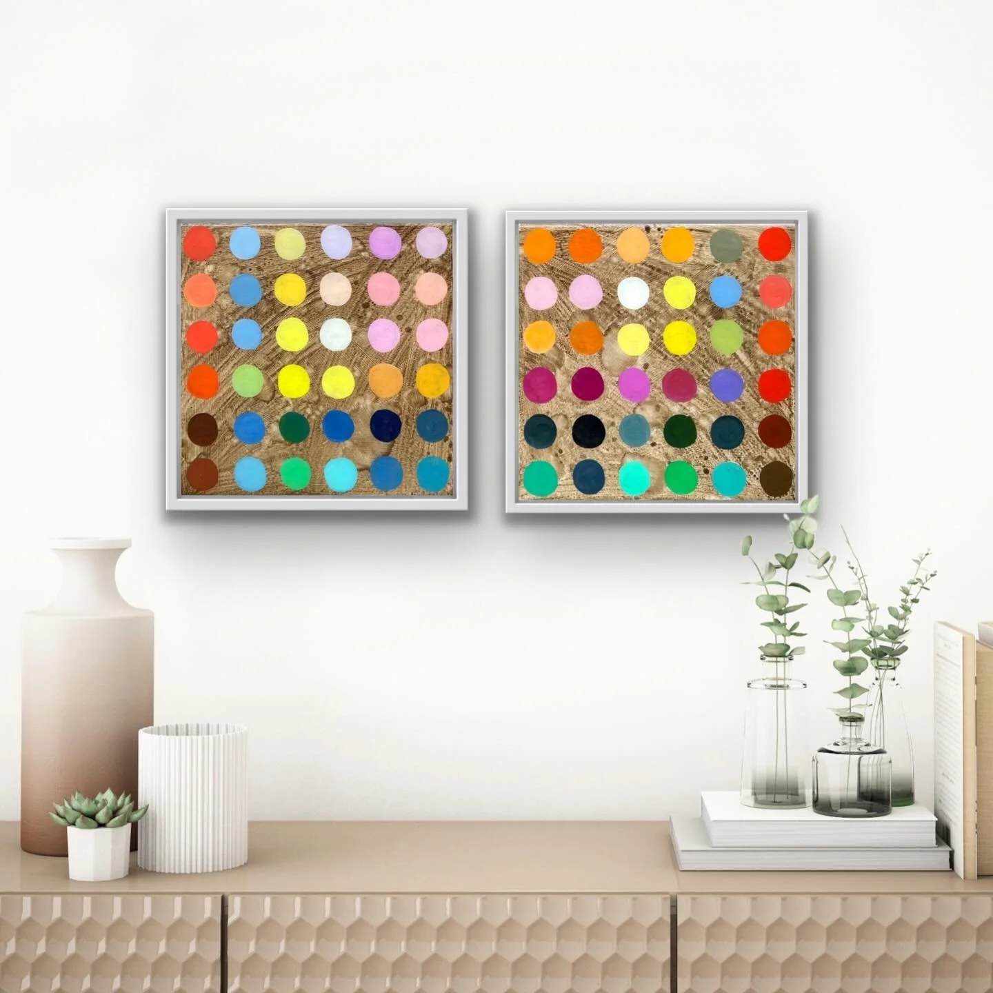 Having a good time with this playful diptych, &ldquo;Pom Pom&rdquo;. They are each 16x16, framed and ready to hang. #pompom #marymclornvalle #original #torontoartist #contemporaryart