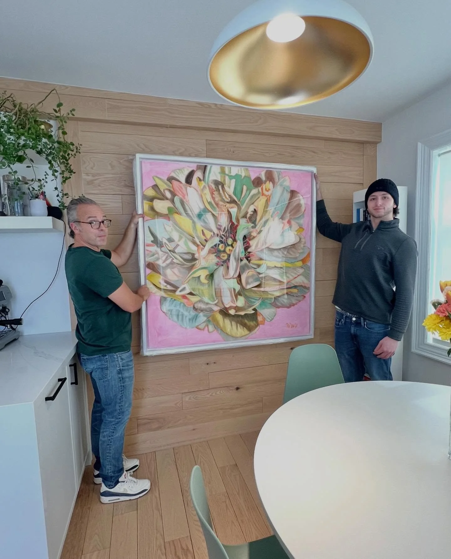 Deliveries all day today,it&rsquo;s so fun to see the places where my art is going to live.  This painting called EasyCome,Easy Go is heading to this cozy eat-in kitchen with jade green chairs.  Perfection. #artdelivery #marymclornvalle #peony  #toro