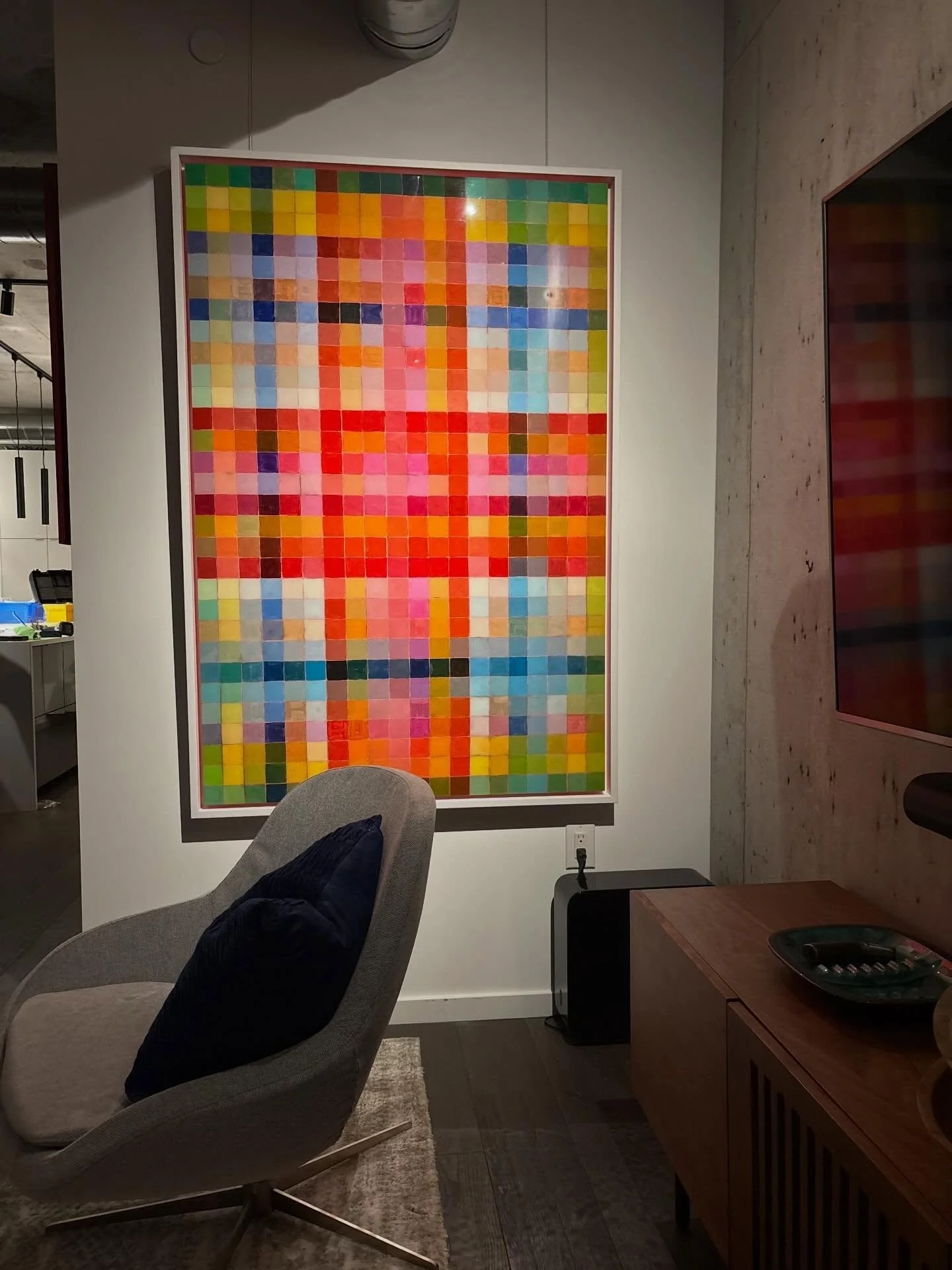 Perfection!! The placement of &ldquo;Mixed Tape&rdquo;  in this beautiful condo could not be more ideal.  Mood lighting, cozy vibes, reflective surfaces and directional spots on the art are all adding up to WOW!! #artinstallations #marymclornvalle #c