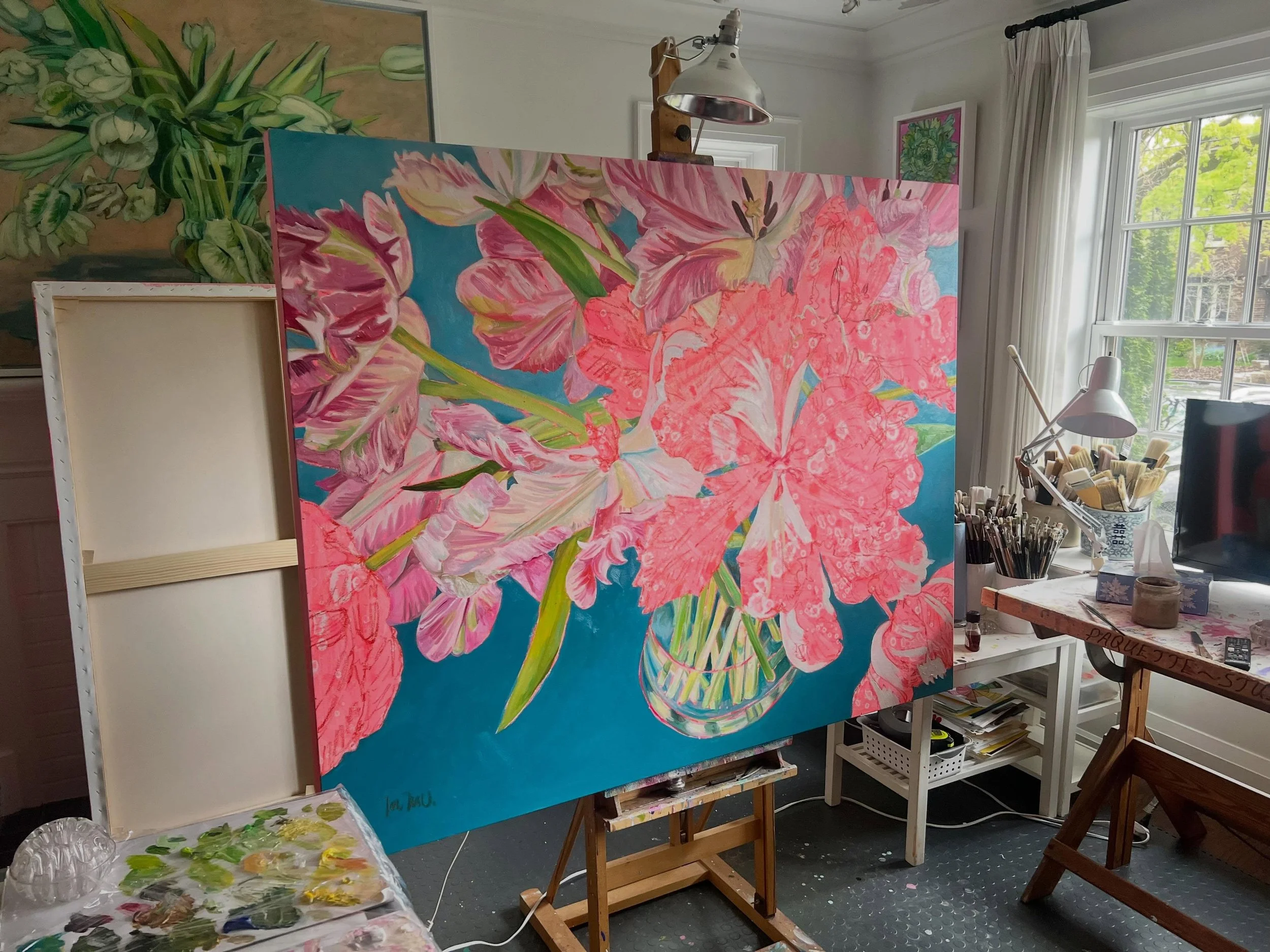 Work in progress.  Slow and steady wins the race with all these complex forms&hellip;things are starting to take shape and come alive one petal at a time.  #tulips #marymclornvalle #torontopainter #commission #studio