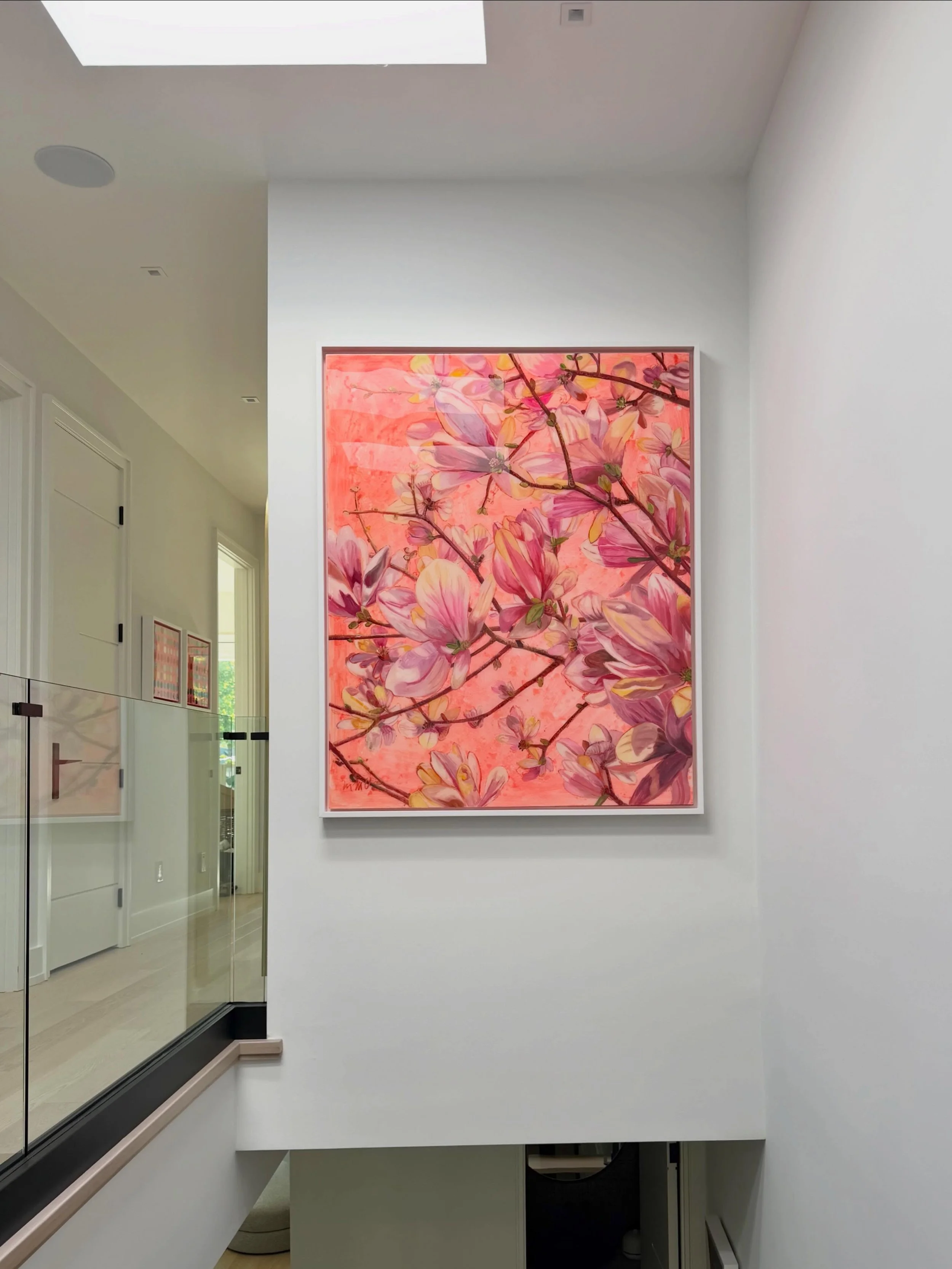 All ilt up in this sunny stairwell, this magnolia painting which can be seen from the second floor and also below seems like it was made for this spot. From white walls to wow!! Thank you to my lovely clients for sending me the images. "All In&q