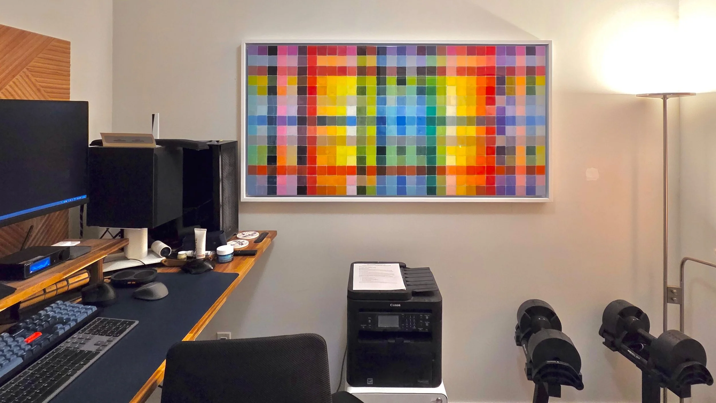 Home office refresh! Hang something that is big and colourful that makes you happy! Go big and stay home! #officeinspo #marymclornvalle #moodbooster #originalart #scaleup