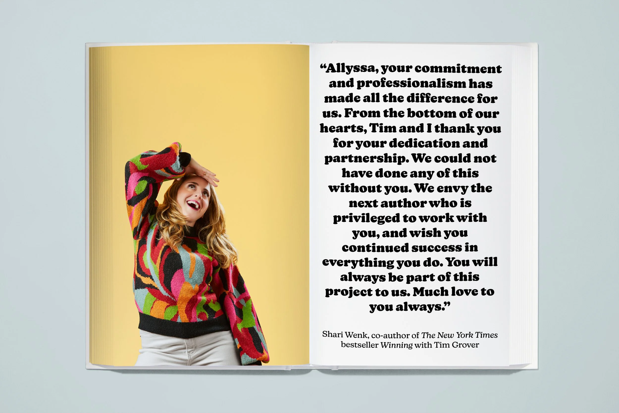 Open book with a picture of a woman in a colorful sweater and the right page containing a heartfelt message from Shari Wenk to Allyssa, expressing gratitude and wishing her success.
