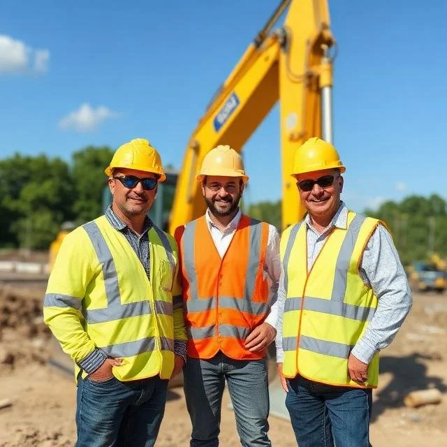 Three men wearing safety helmets and reflective vests standing in front of construction equipment at a construction site on a sunny day.