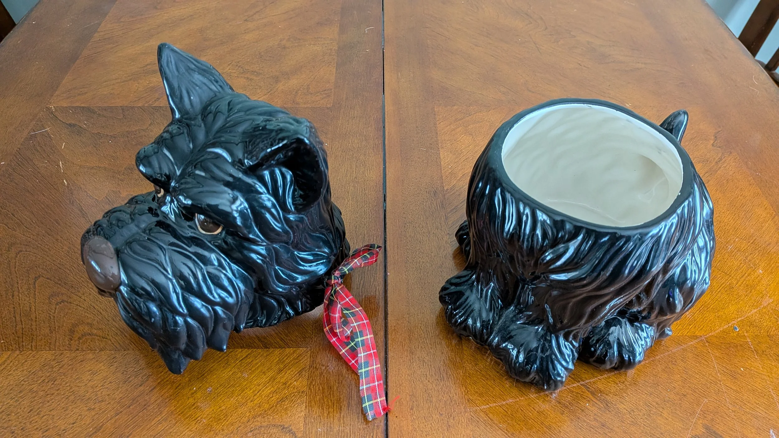 Sleigh Bell Bistro Black Scottie Dog Ceramic Cookie Jar - Holiday Plaid Ribbon