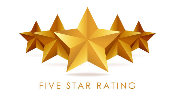 Five gold stars with the text 'Five Star Rating' below.
