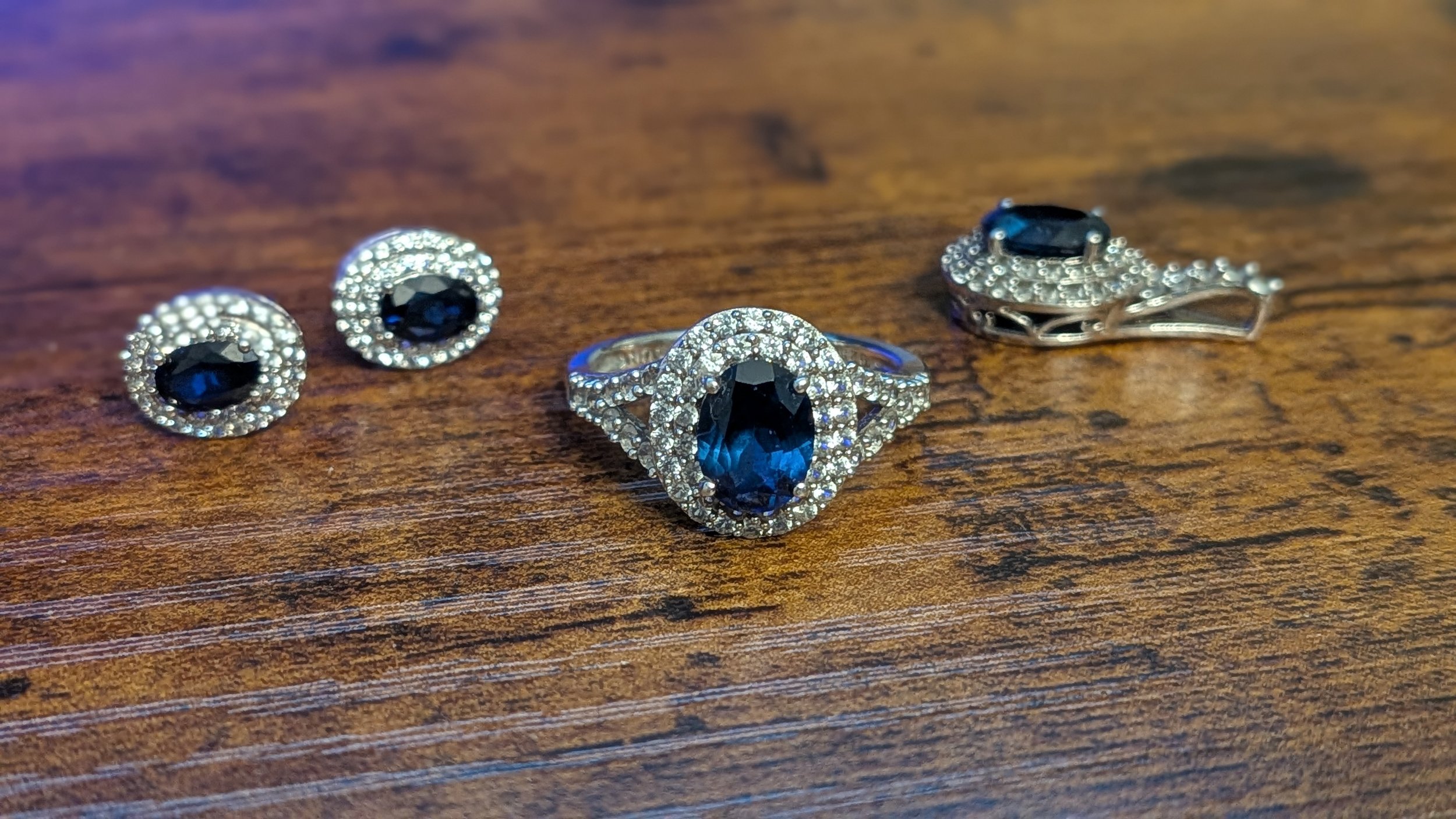 Genuine Blue Sapphire Ring, Stud, Earrings & Pendant Set - 925 Sterling Silver with CZ Accents