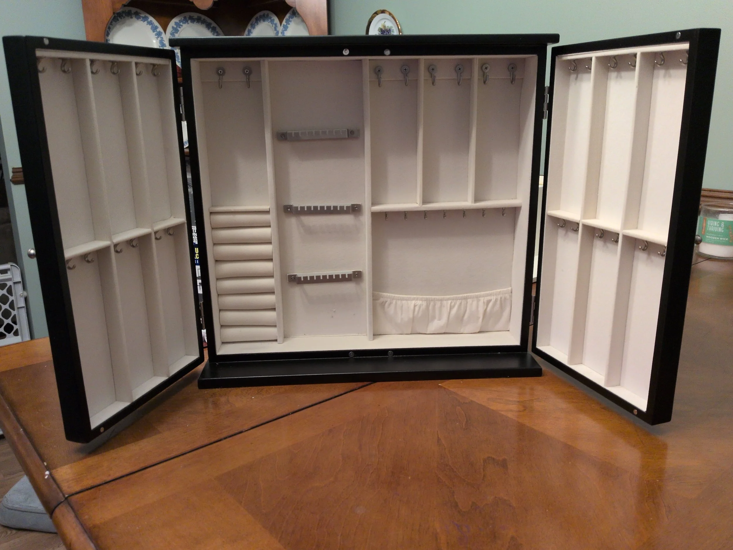 Black Mirrored Jewelry Cabinet with Geometric Doors - Tabletop Jewelry Armoire