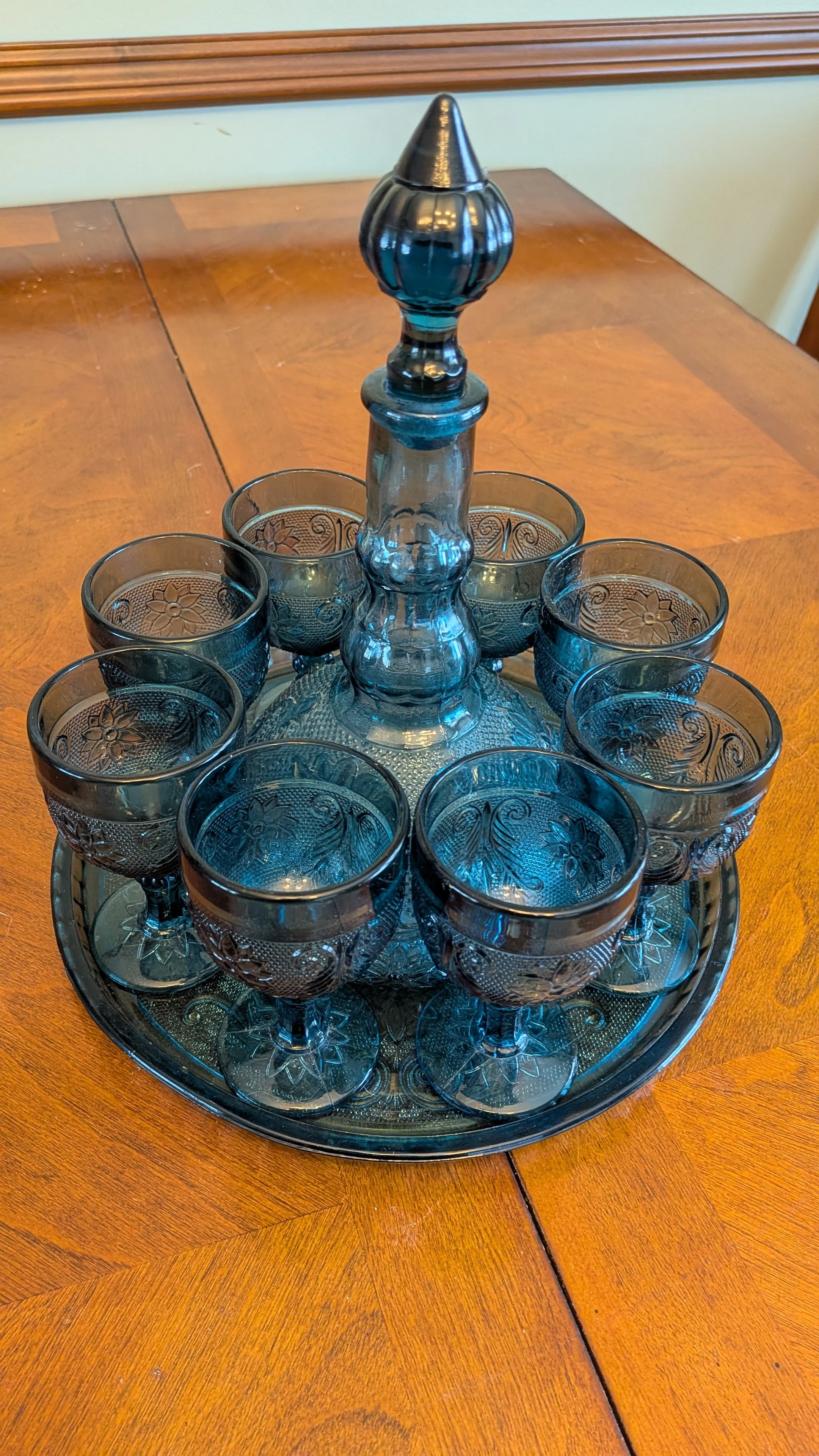 Vintage Smoke Blue Pressed Glass Cordial Set with Decanter, 8 Glasses, & Tray