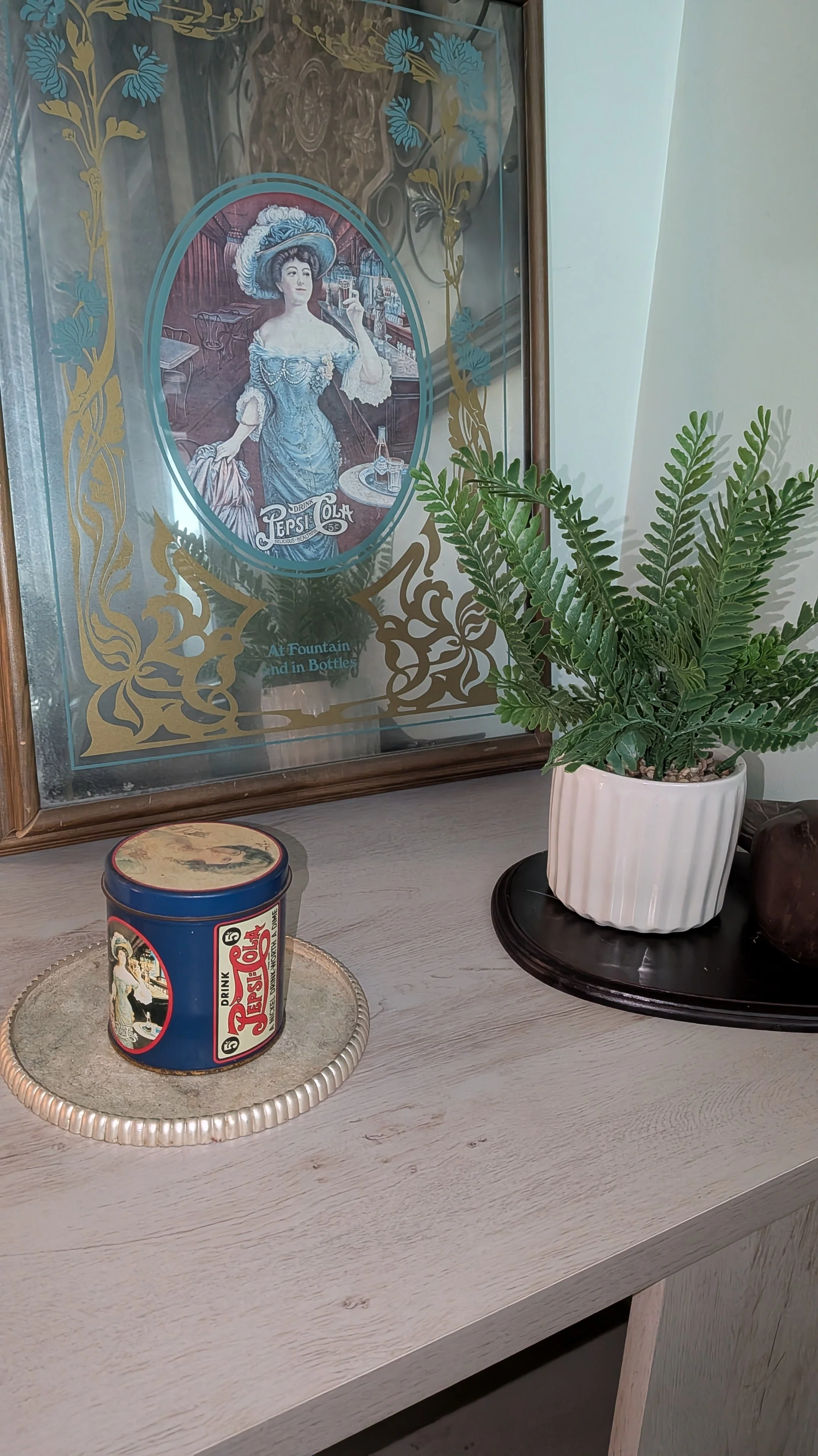 Vintage 1970s Pepsi-Cola Advertising Set - Framed Mirror & Matching Tin - Victorian Saloon Style - Licensed Collectables