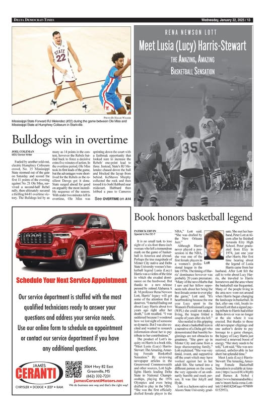 Page from a newspaper. The top left shows a basketball player from Mississippi State during a game. The top right features an article titled 'Meet Luisa (Lucy) Harris-Stewart', with a black and white photo of basketball players in action. The bottom left displays an advertisement for a red RAM truck with a service appointment offer. The bottom right contains an article about a book honoring a basketball legend.