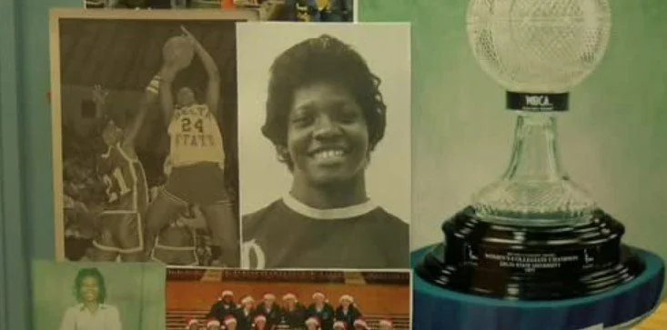 Collage of black-and-white and color photos of a young woman, a basketball player, and a group of people, with a trophy on the right side.