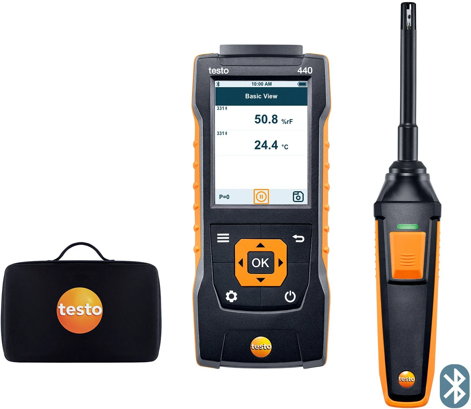 A testing device with a screen displaying temperature and humidity readings, a black calibration case with an orange logo, and an orange and black probe with a green indicator light.