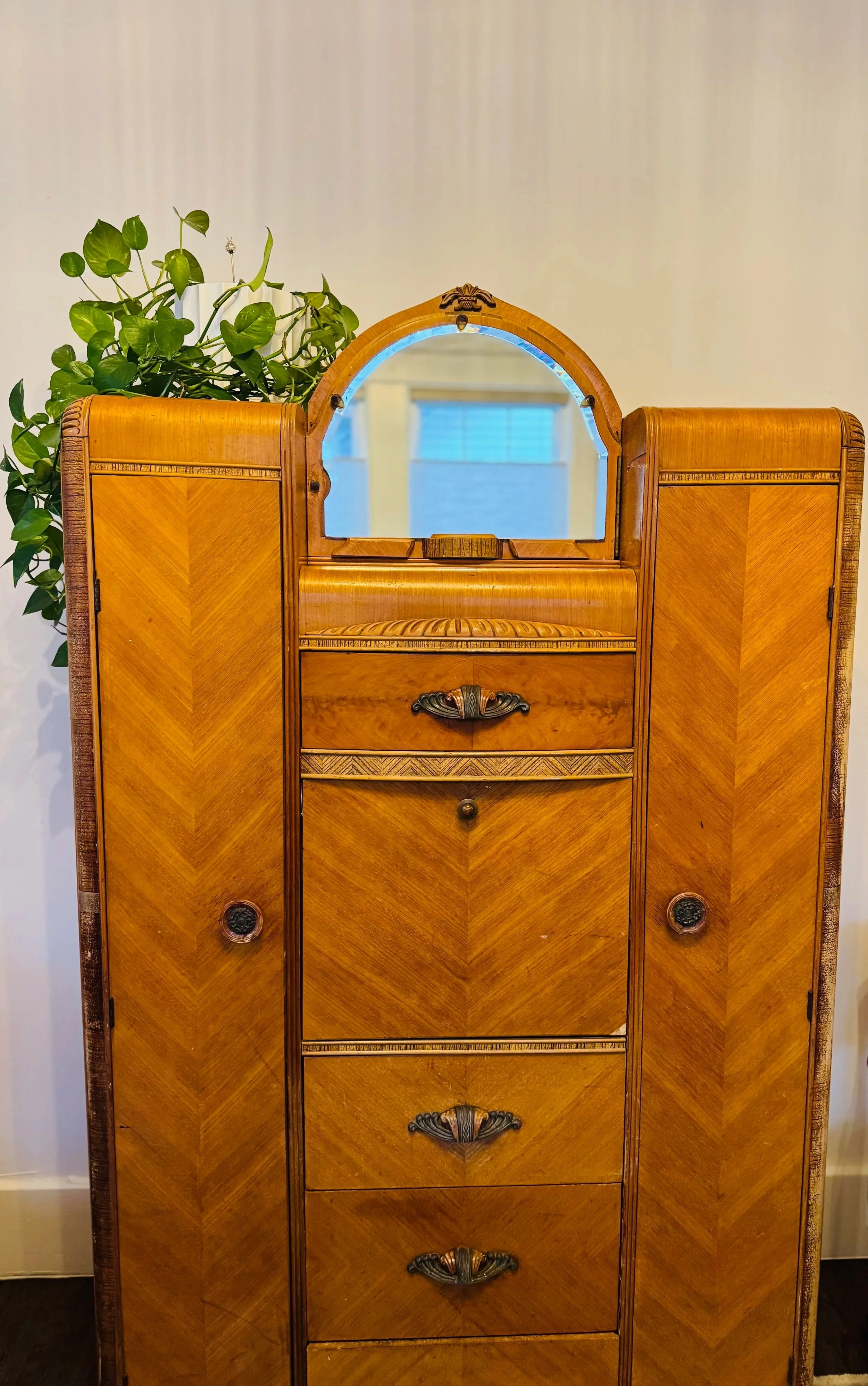 Vintage 1930s Art Deco chifferobe curated by Maison 72, featuring original zebrawood veneer, mirror, and authentic vintage patina.