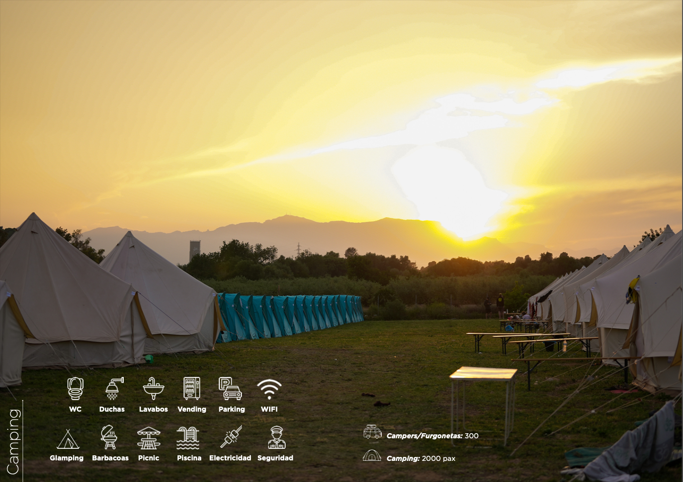 A campground scene at sunset with white tents on both sides, an early morning or evening sky with a bright sun and mountains in the distance. There are icons indicating amenities such as restrooms, showers, sinks, vending, parking, WiFi, glamping, BBQs, picnic area, swimming pool, electricity, and security. The text shows capacity as 2000 people and 300 campers or vans.