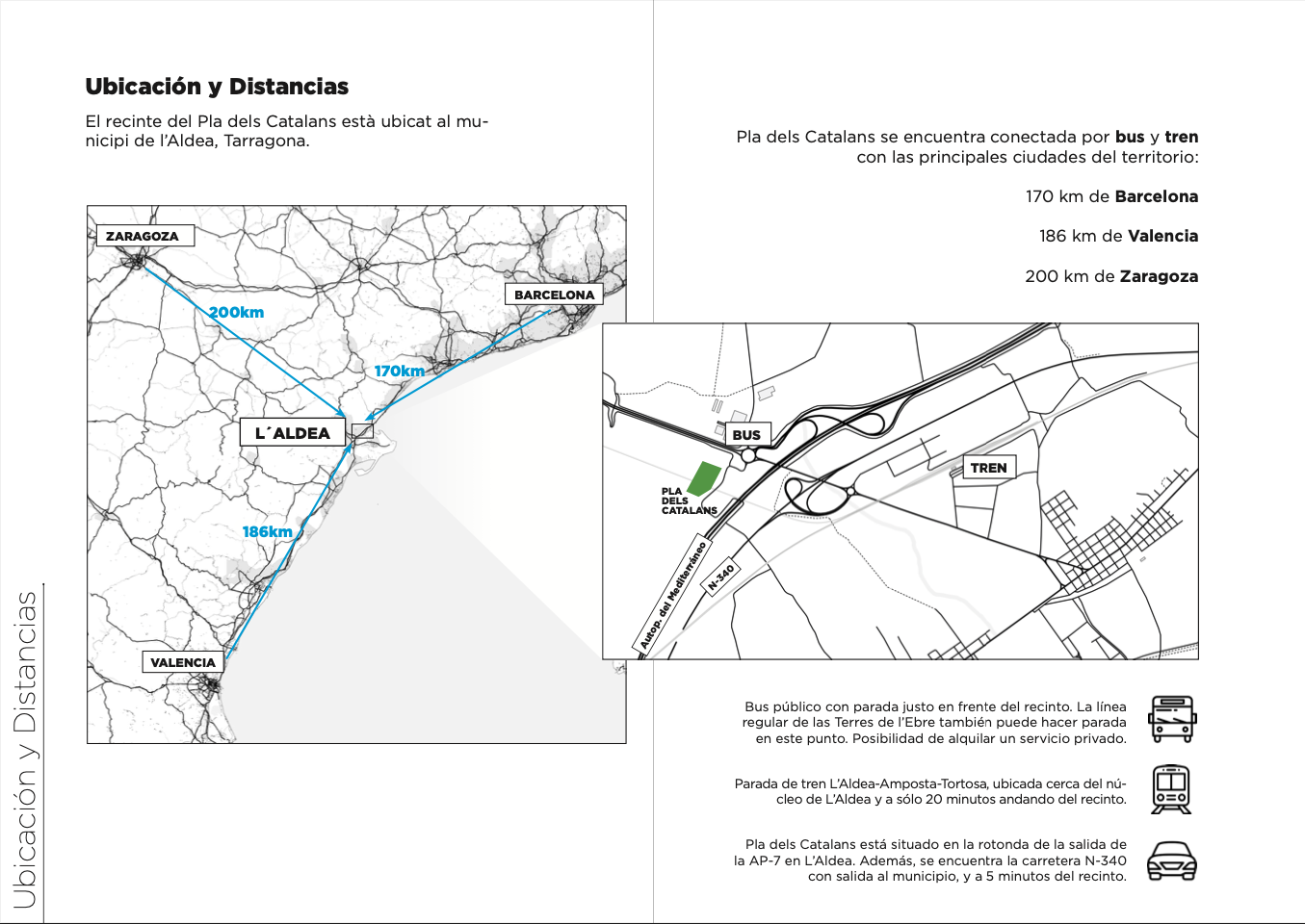 Map showing distances from L'Aldea to Zaragoza, Valencia, and Barcelona, a close-up of bus and train routes near L'Aldea, with icons indicating public transportation options and parking areas.