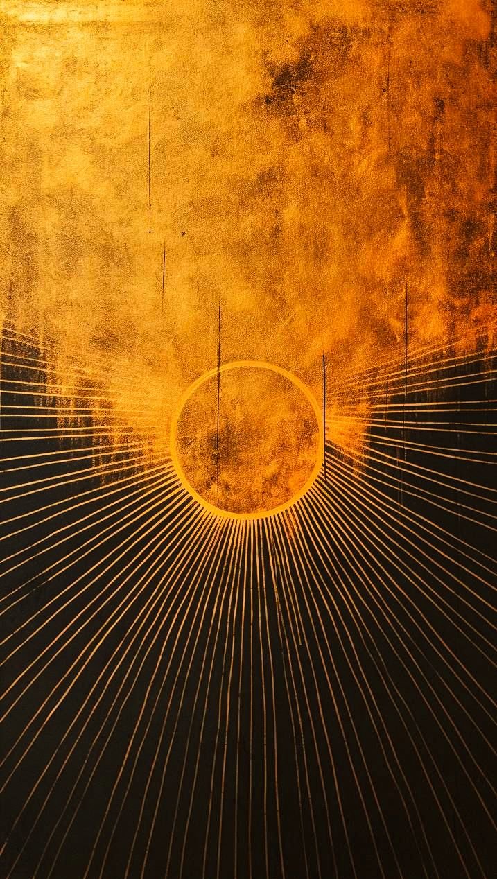 A dark background with an orange circle resembling a sun or eclipse, surrounded by radiating lines creating a starburst effect, with textured orange and black hues.