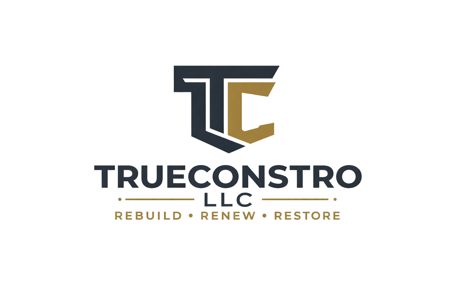 A logo for TruConstr, featuring a stylized construction object with text in Spanish and English.